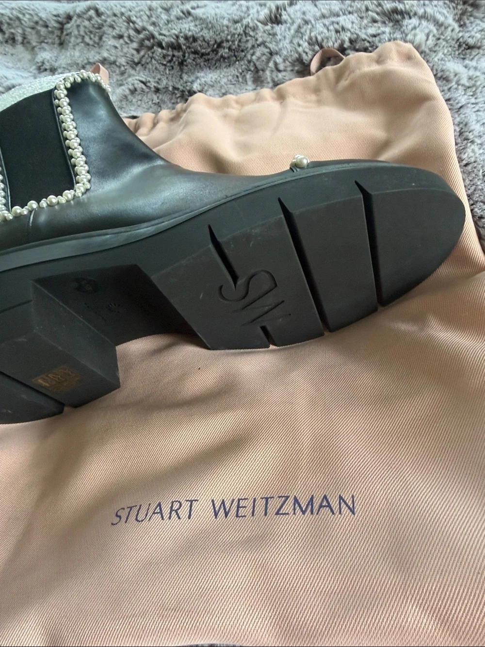Stuart Weitzman Black Leather Pearl-Trim Chelsea Booties